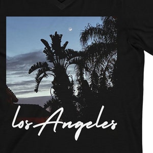 Los Angeles Evening Moon View V-Neck Teeshirt Gift for Mom Dad Him Her Weekend Travel Gift Tee