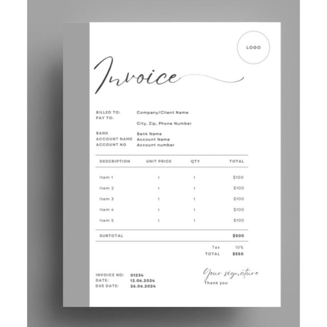 Modern Minimalist Invoice Template Fully Customizable - Etsy