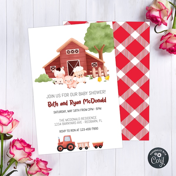 Baby Shower Invitation / Barn Animals Baby Shower Invite / Barnyard / Ranch Baby Shower / Red Barn / Farm Animals / Instant Template / 4x6