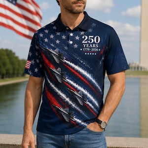 Patriotic USA eagle polo shirt with American flag themed artwork, 250 years anniversary celebration design, breathable golf shirt material, and red white blue patriotic apparel style for family events and national holidays