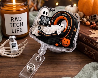 Portatarjetas de radiología de Halloween, portatarjetas de identificación de técnico de tomografía computarizada con diseño de fantasma espeluznante, regalo para tecnólogo de rayos X, regalo de Halloween para técnico de radiología, credencial de enfermera de Halloween