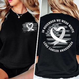 Camiseta de concientización sobre el cáncer de pulmón, camiseta "En noviembre usamos lazo blanco", camiseta de apoyo contra el cáncer de pulmón, camiseta de guerrero contra el cáncer, camiseta de superviviente de cáncer