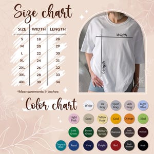 May include: White t-shirt with a size chart showing measurements in inches. The color chart displays various colors, including white, pink, and green. The size chart shows the width and length of the t-shirt.