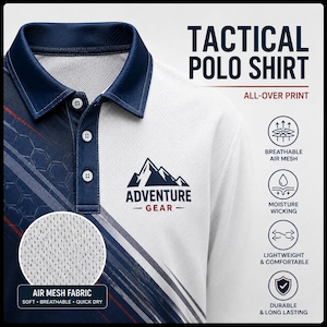 Puede incluir: Un polo t&aacute;ctico blanco y azul marino con estampado integral. La camisa presenta un logotipo de monta&ntilde;a con el texto "ADVENTURE GEAR". Tiene tejido de malla de aire transpirable y es ligero y c&oacute;modo.