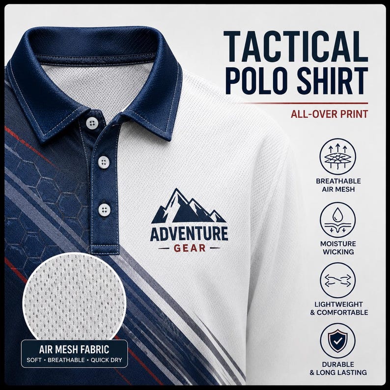 Puede incluir: Un polo t&aacute;ctico blanco y azul marino con estampado integral. La camisa presenta un logotipo de monta&ntilde;a con el texto "ADVENTURE GEAR". Tiene tejido de malla de aire transpirable y es ligero y c&oacute;modo.