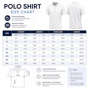 Puede incluir: Camisa polo blanca con mangas cortas, mostrada de frente y de espalda. La imagen incluye una tabla de tallas con medidas en cm y pulgadas, que detalla el busto, la longitud, el hombro y las mangas para las tallas S a 5XL.