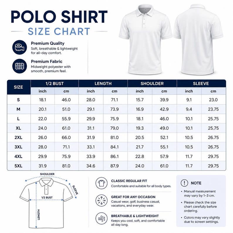 Puede incluir: Camisa polo blanca con mangas cortas, mostrada de frente y de espalda. La imagen incluye una tabla de tallas con medidas en cm y pulgadas, que detalla el busto, la longitud, el hombro y las mangas para las tallas S a 5XL.