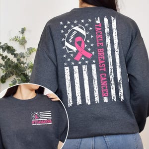 Breast cancer awareness football tee with American flag and ribbon graphic