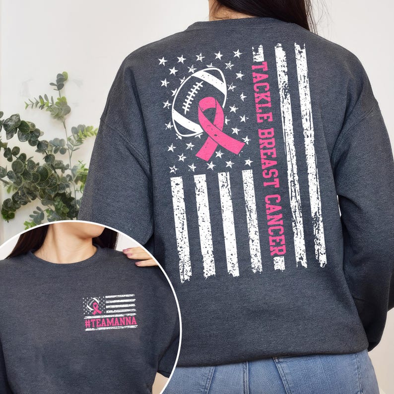 Breast cancer awareness football tee with American flag and ribbon graphic