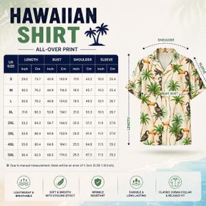 Puede incluir: Camisa hawaiana beige con estampado integral de tucanes y palmeras. La camisa tiene un cuello cubano cl&aacute;sico y un ajuste relajado. Tabla de tallas con medidas en cm y pulgadas.