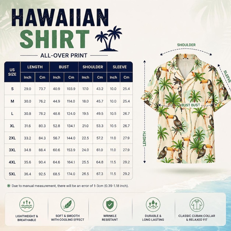 Puede incluir: Camisa hawaiana beige con estampado integral de tucanes y palmeras. La camisa tiene un cuello cubano cl&aacute;sico y un ajuste relajado. Tabla de tallas con medidas en cm y pulgadas.