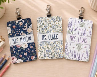 Portatarjetas floral personalizado para profesores, estuche de cuero personalizado para identificación de profesor, regalo de regreso a clases, regalo de agradecimiento para profesores, protector de tarjetas