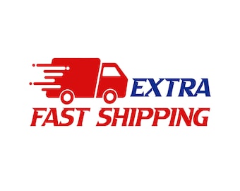 Op de afbeelding: Een rode bestelwagen met een witte achtergrond. De bestelwagen rijdt hard met een witte waas erachter. De tekst "EXTRA FAST SHIPPING" staat in blauwe letters onder de bestelwagen.