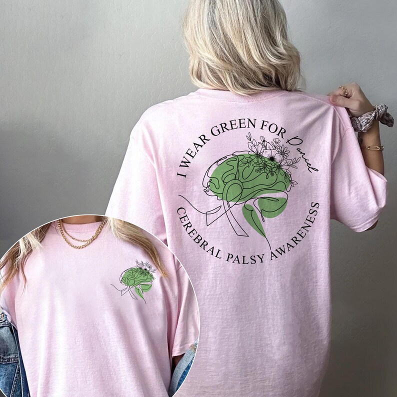 Cerebral palsy awareness month shirt showcasing green brain graphic and supportive typography. Thoughtful CP warrior gift or survivor gift, designed to raise awareness and show solidarity with individuals living with cerebral palsy.