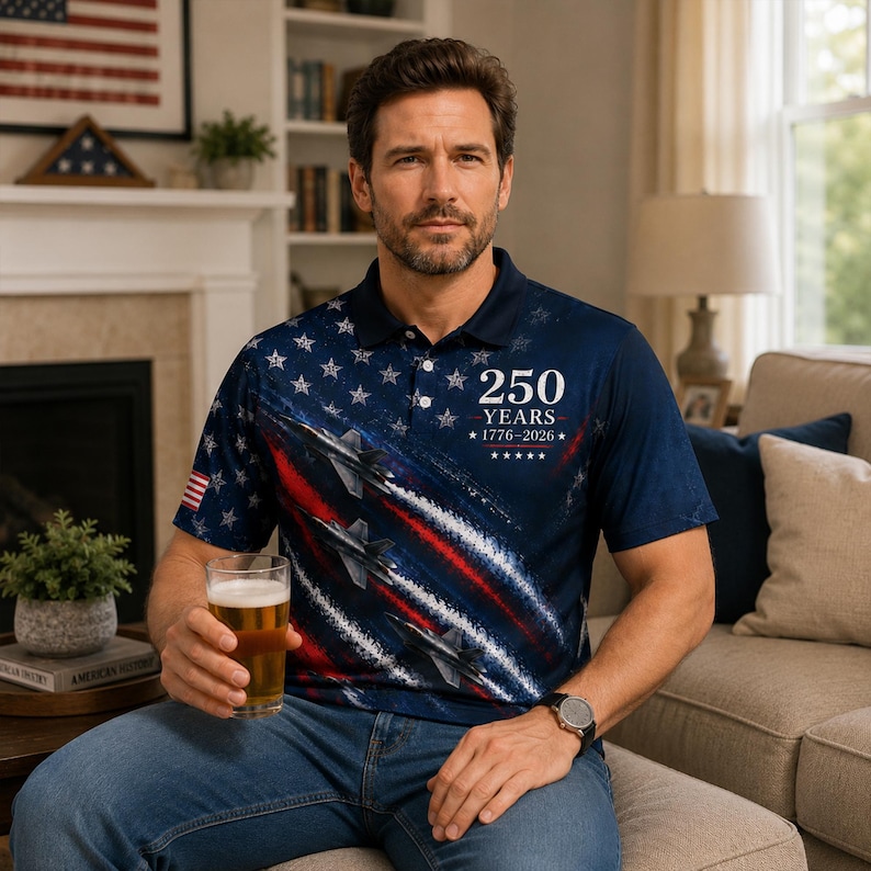 Patriotic America 250 Years polo shirt featuring American flag design, bald eagle artwork, red white and blue colors, and USA 1776 2026 anniversary theme for Independence Day celebrations and patriotic golf outfit style