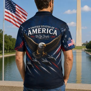 American flag patriotic golf polo shirt celebrating 250 years of America with eagle illustration, USA 1776 to 2026 anniversary artwork, and classic short sleeve collared design for men patriotic outfit and holiday gatherings