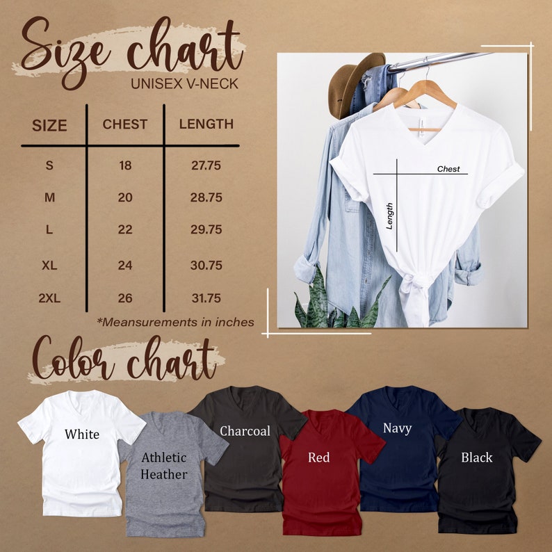 May include: A white unisex V-neck t-shirt with a size chart and color chart. The size chart shows chest and length measurements in inches. Color options include white, athletic heather, charcoal, red, navy, and black.