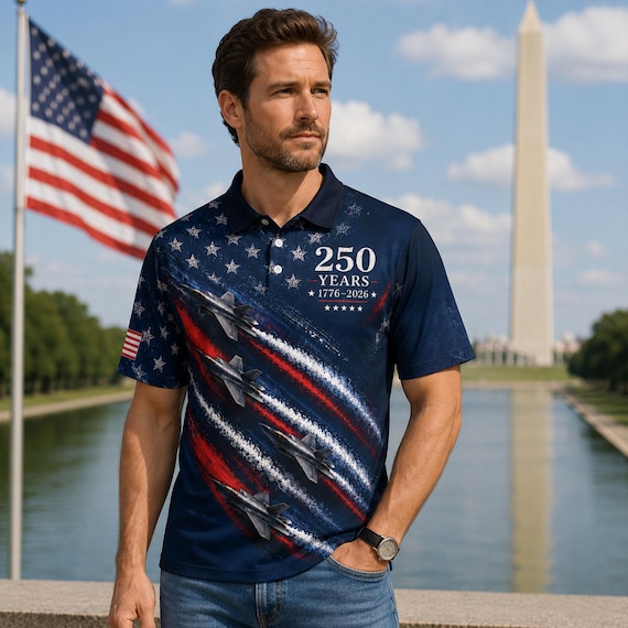 America 250 Years Flag Polo Shirt, USA 250th Anniversary Patriotic Eagle Polo, American Flag 1776 2026 Polo Shirt, Patriotic Golf Shirt