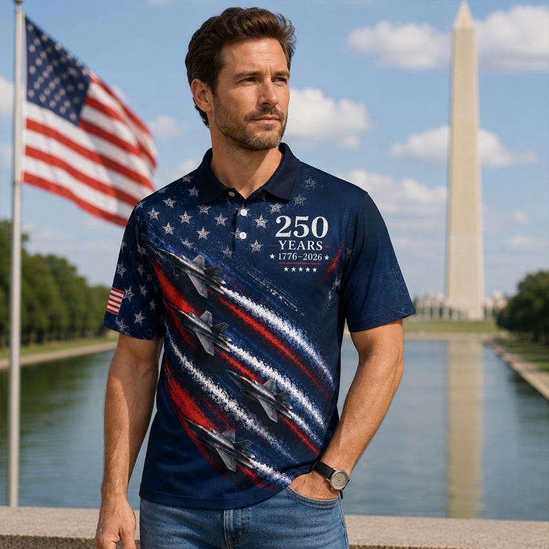 Patriotic USA eagle polo shirt with American flag themed artwork, 250 years anniversary celebration design, breathable golf shirt material, and red white blue patriotic apparel style for family events and national holidays