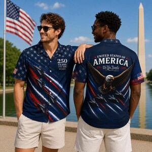 USA 250th anniversary polo shirt with patriotic eagle graphic, American flag print, collared golf shirt style, and lightweight casual fit designed for Fourth of July events, patriotic holidays, and everyday American pride apparel