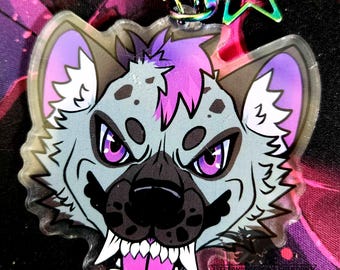 Llavero acrílico de doble cara con dije de hiena punk, 7,6 cm de largo