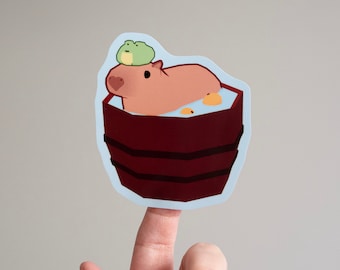 Capybara and Frog in a Tangerine Bath Waterproof Glossy Vinyl Sticker