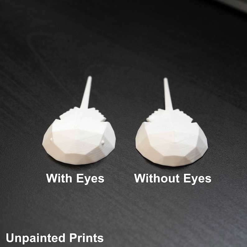 May include: Two 3D printed horseshoe crab models, one with eyes and one without eyes. Both models are white and unpainted. The models are on a black surface.  Unpainted Prints.