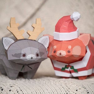 Low Poly Christmas Papercraft Accessories Santa Clause and Reindeer Costumes