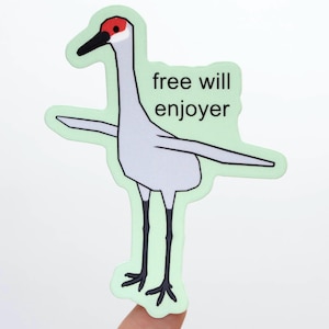 May include: A sticker featuring a cartoon crane with a red head and the text "free will enjoyer" on a light green background.