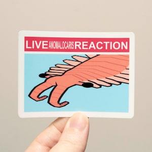 May include: A sticker with a cartoon illustration of an Anomalocaris, an extinct marine animal. The sticker has a light blue background with a red banner at the top that reads "LIVE ANOMALOCARIS REACTION". The Anomalocaris is depicted in shades of orange and black.