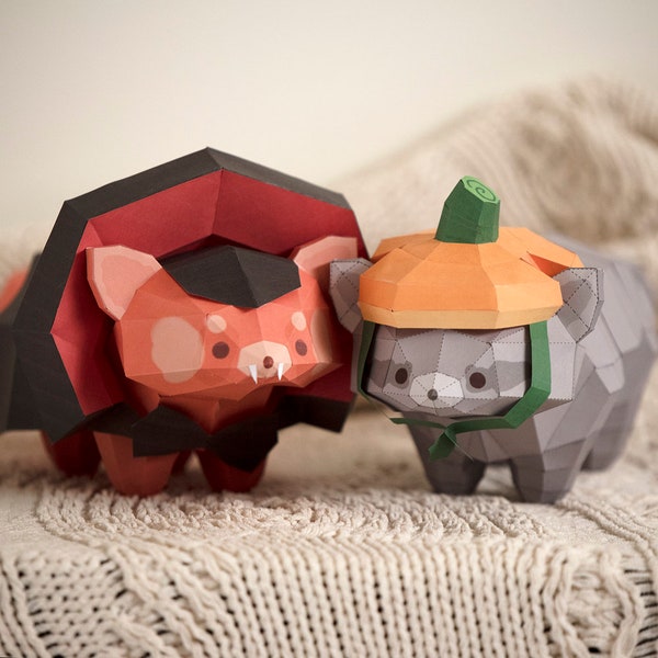 Low Poly Halloween Papercraft Dracula and Pumpkin Hat Costumes