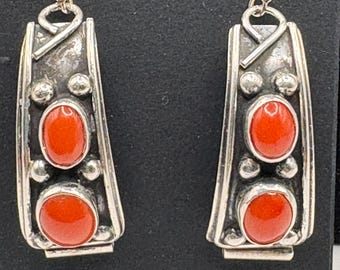 Navajo Coral and Sterling Silver Handmade dangle earrings,  Navajo