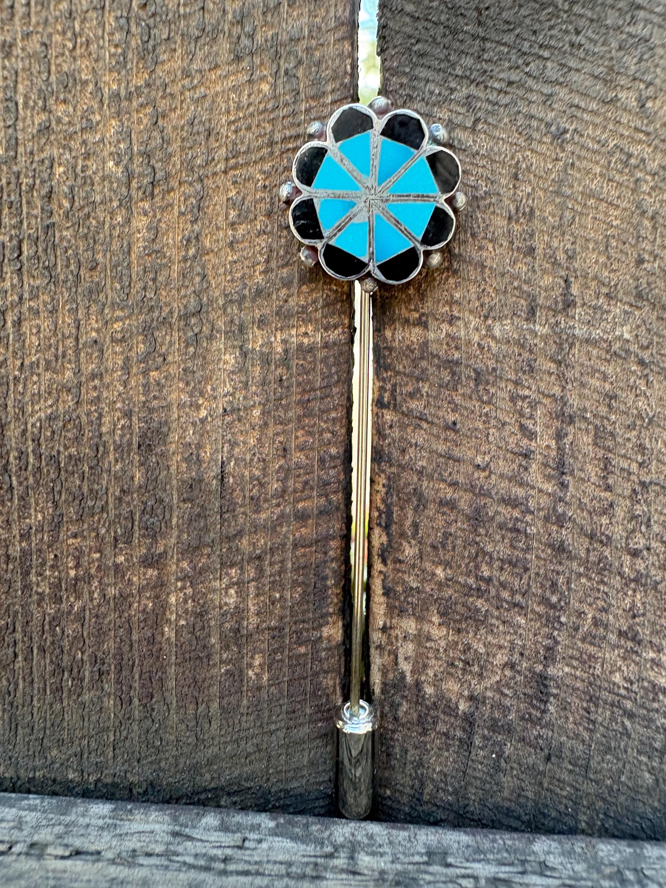 Zuni Flower Native American Navajo Sterling Onyx and Turquoise