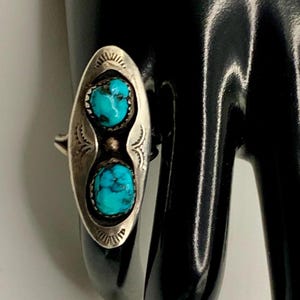 Double stone, turquoise, vintage size 6.5 ring, Navajo, sterling silver.  Silversmith Charles Johnson.