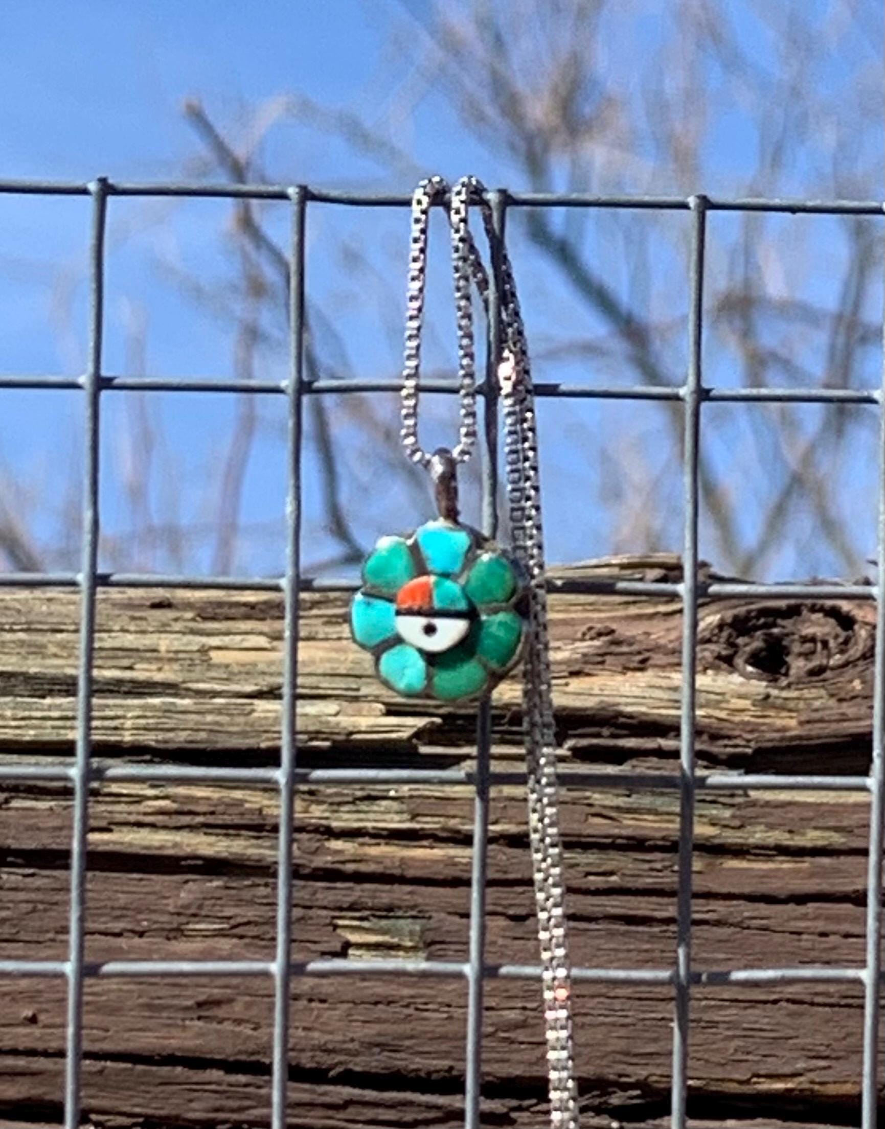 Handmade Zuni Sun Face Necklace – Sterling Silver, Turquoise 