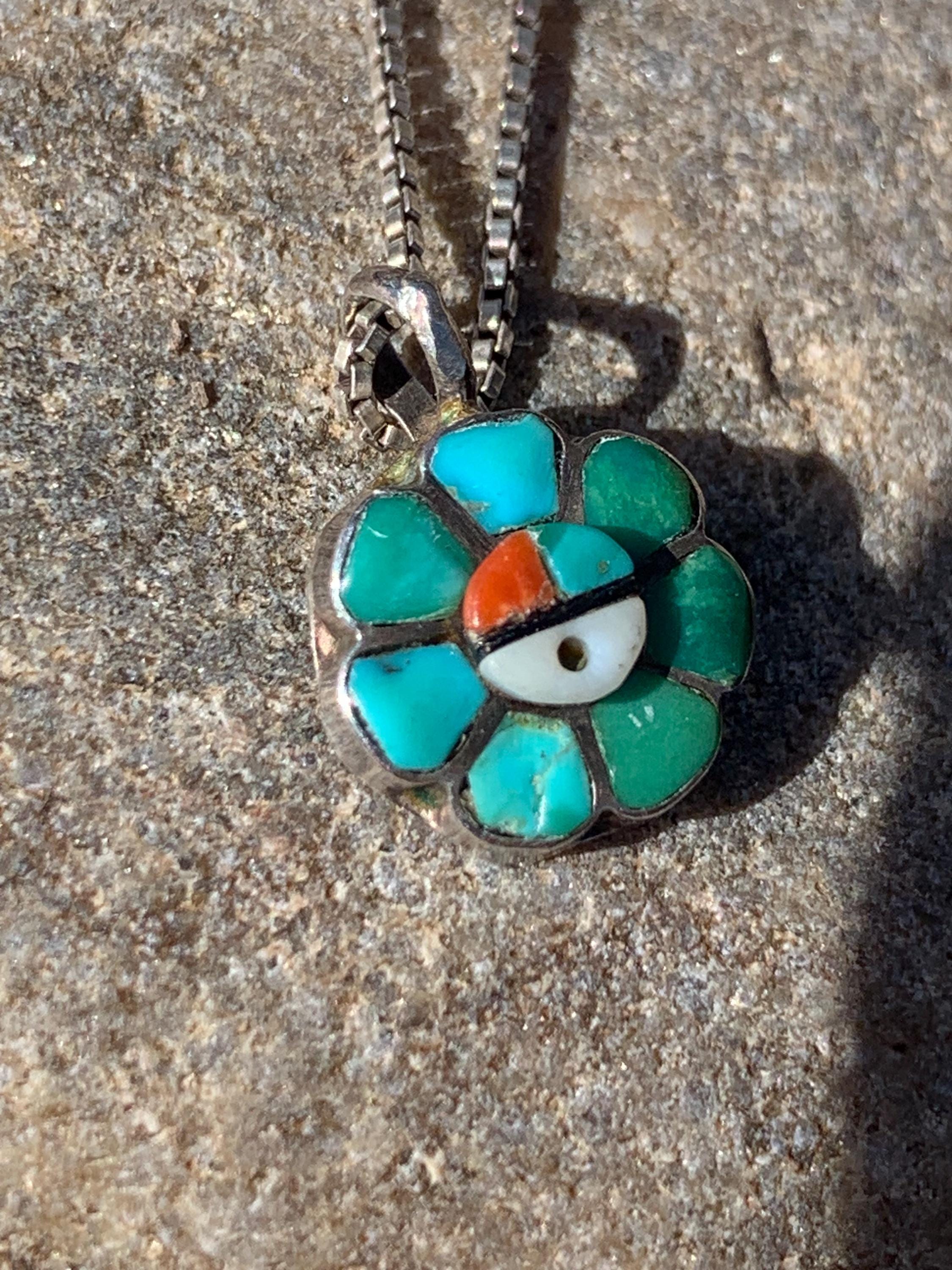 Handmade Zuni Sun Face Necklace – Sterling Silver, Turquoise