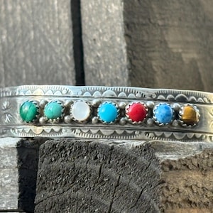 E Yazzie Seven Gemstones Sterling Silver Cuff Bracelet
