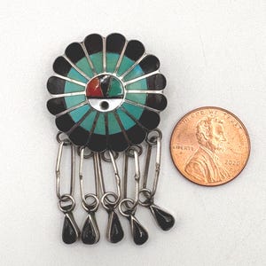 Zuni Sun Sterling Silver Brooch Pendant: Onyx Turquoise Inlay, Signed
