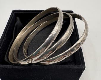 Vintage Sterling Silver Etched Bangle Bracelets - Set of Three