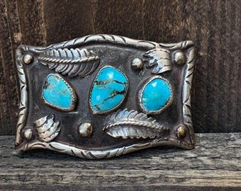 Vintage Turquoise Inlay Sterling Silver Belt Buckle - Native  display picture 2