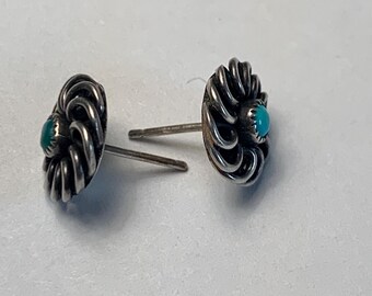 Handmade snake eyes turquoise wire loop earrings, hand signed in cursive, Zuni