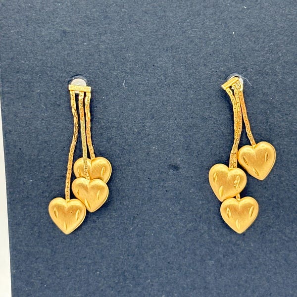 14k Solid Yellow Gold Trio of Hearts Earrings: Vintage Dangle Jewelry