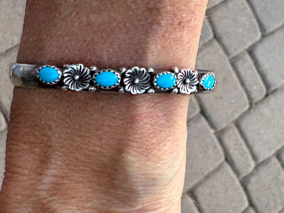 Vintage Turquoise Flower Sterling Silver Cuff Bracelet, Richard