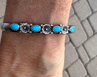 Vintage Turquoise Flower Sterling Silver Cuff Bracelet, Richard