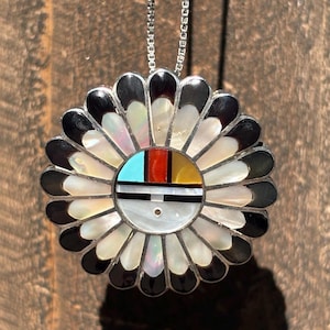 Zuni Sunface Sterling Silver Pendant Brooch: Turquoise, Onyx, Abalone