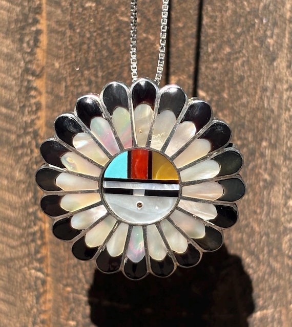 Zuni Sunface Sterling Silver Pendant Brooch: Turquoise, Onyx