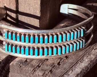Handmade Vintage Double Row Native American/Zuni Needlepoint Sterling and Turquoise Cuff Bracelet