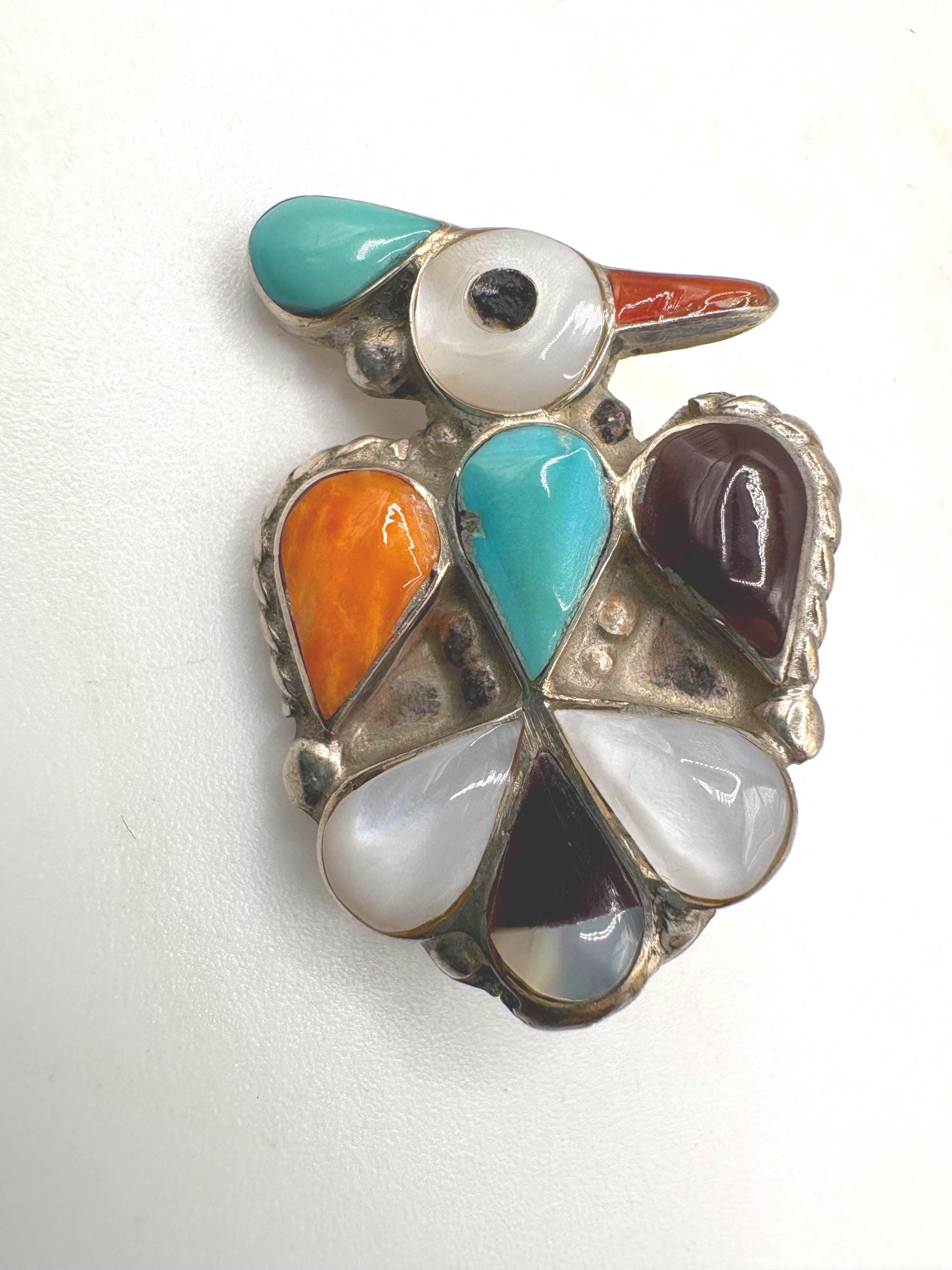 Zuni Thunderbird Sterling Silver Pin Pendant: Jet, Turquoise, MOP