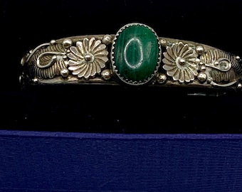 Henry Calledito Malachite Stone and sterling silver silverwork bracelet, cuff.  Navajo.  Handmade and vintage