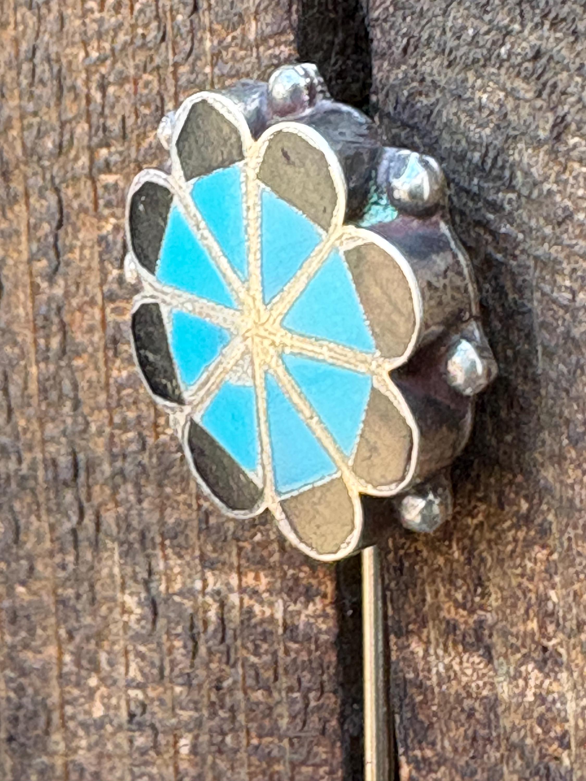 Zuni Flower Native American Navajo Sterling Onyx and Turquoise